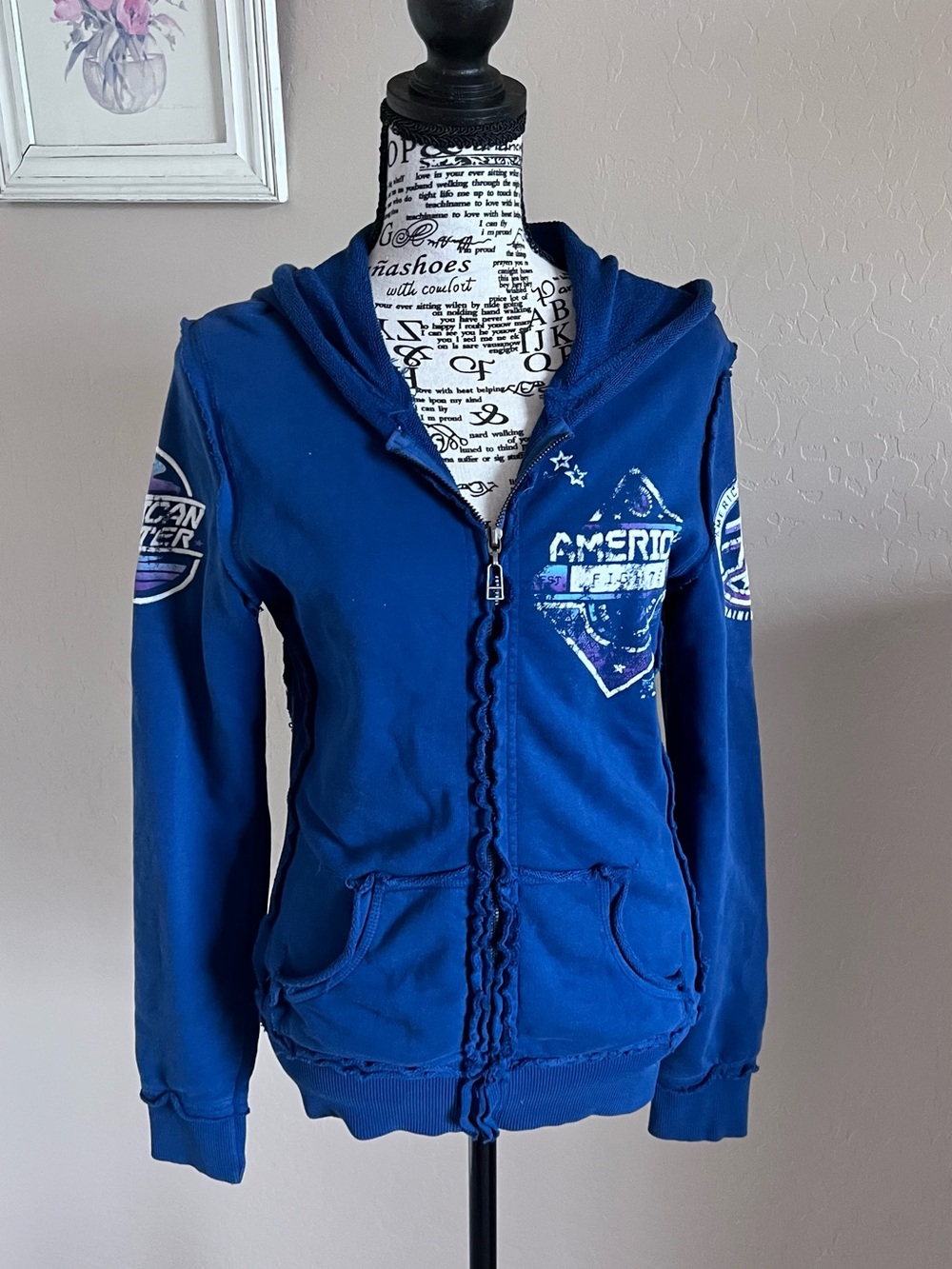American Fighter Royal Blue Zip-Up Hoodie with Graphic Patches
